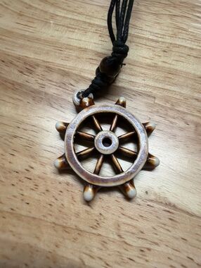 Ship Wheel Pendant Necklace with Black Cord